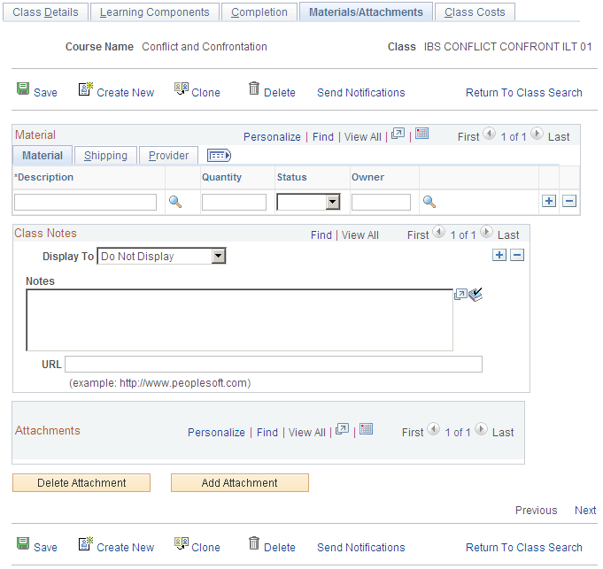 Maintain Classes - Materials/Attachments page: Material tab