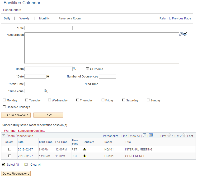 Facilities Calendar: Reserve a Room page