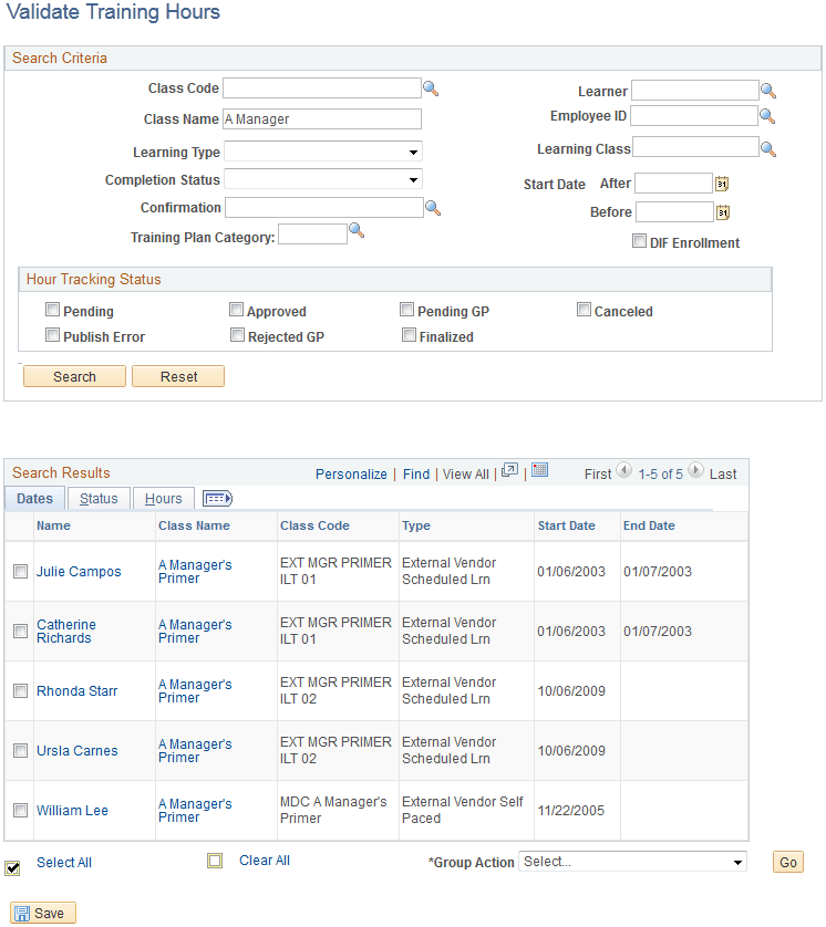 Validate Training Hours page