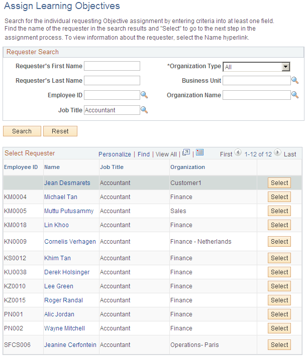 Assign Learning Objectives (find requester) page