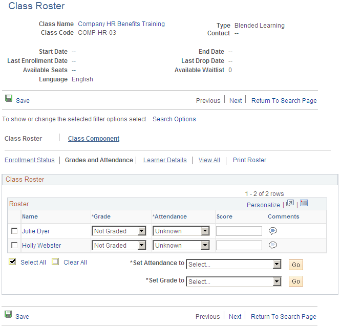 Class Roster - Grades and Attendance page