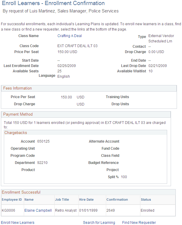 Enroll Learners - Enrollment Confirmation page