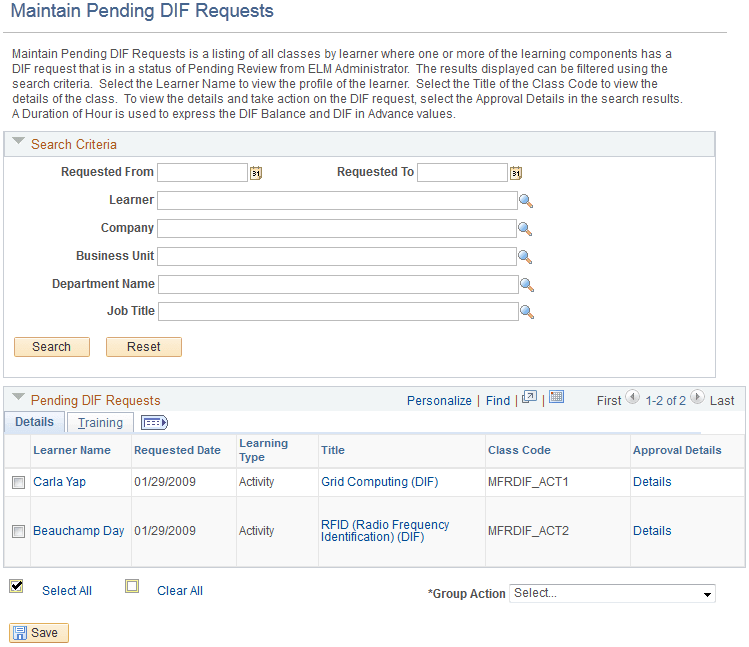 Maintain Pending DIF Requests page