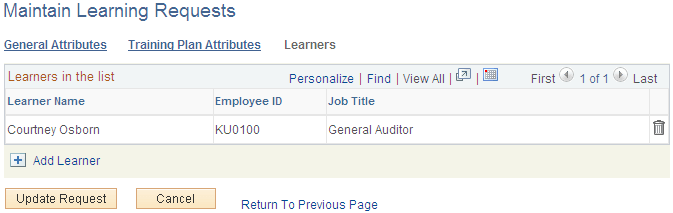 Maintain Learning Requests: Learners page