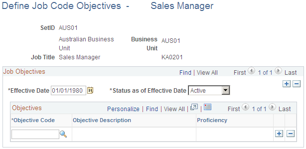Define Job Code Objectives page
