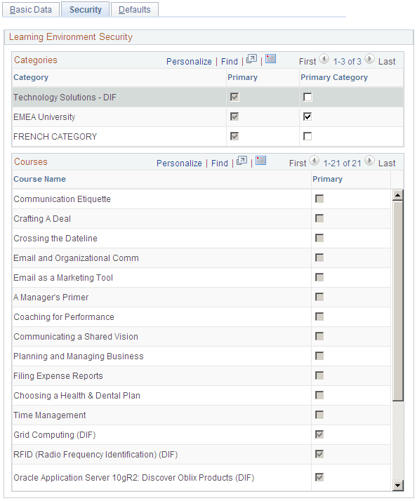 Learning Environments - Security page