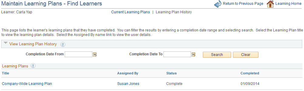 Maintain Learning Plans - Learning Plan History page