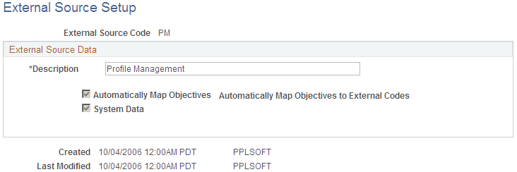 External Source Setup page