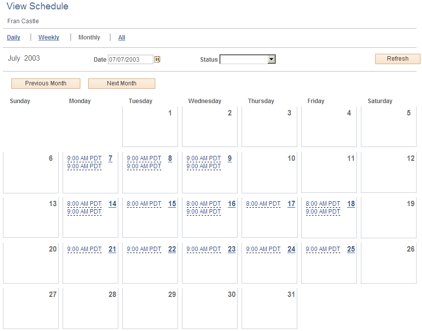 View Schedule: Monthly page