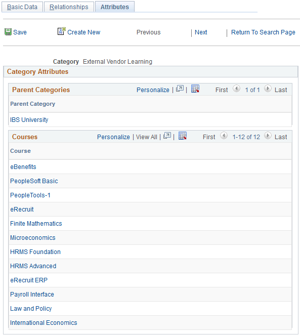 Maintain Categories - Attributes page