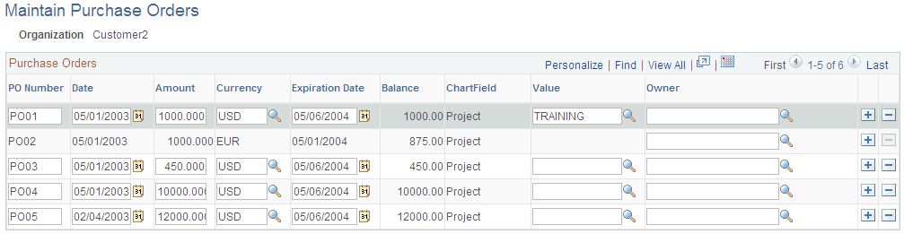 Maintain Purchase Orders page