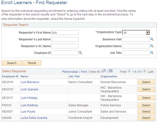 Enroll Learners - Find Requester page