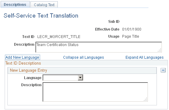 Self-Service Text Translation: Descriptions page