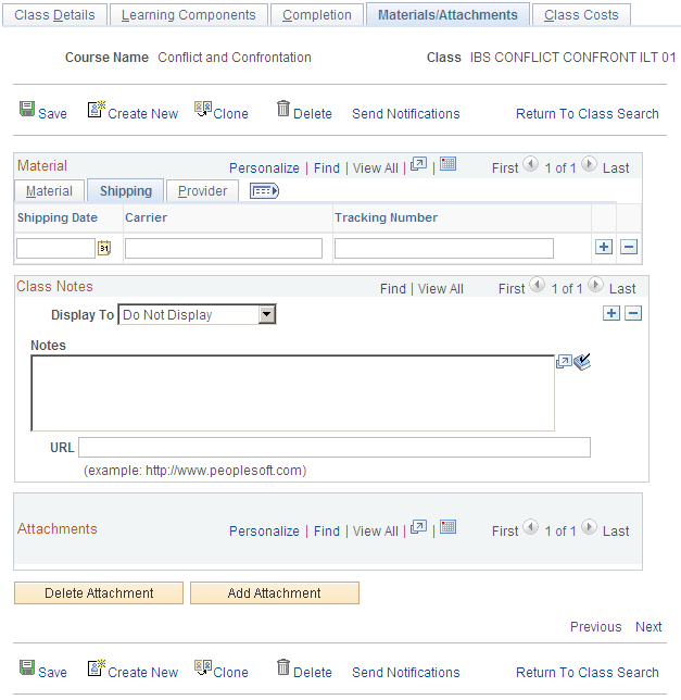 Maintain Classes - Materials/Attachments page: Shipping tab