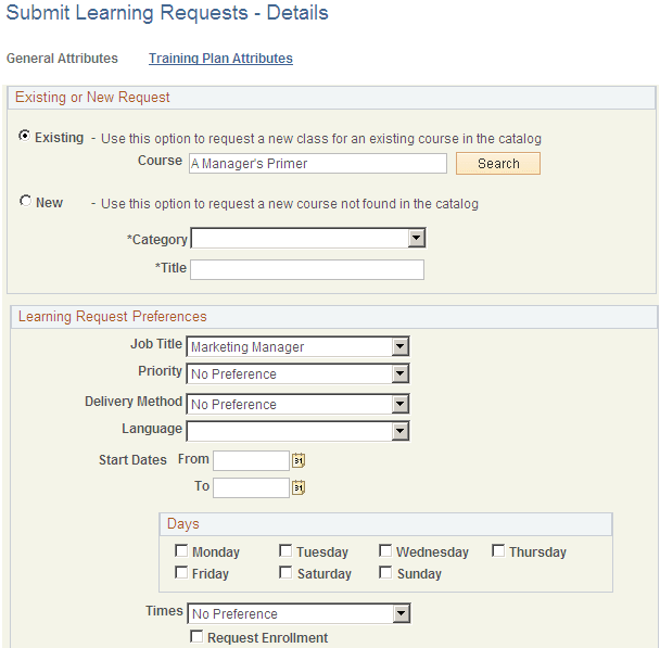 Submit Learning Requests - Details: General Attributes page (1 of 2)