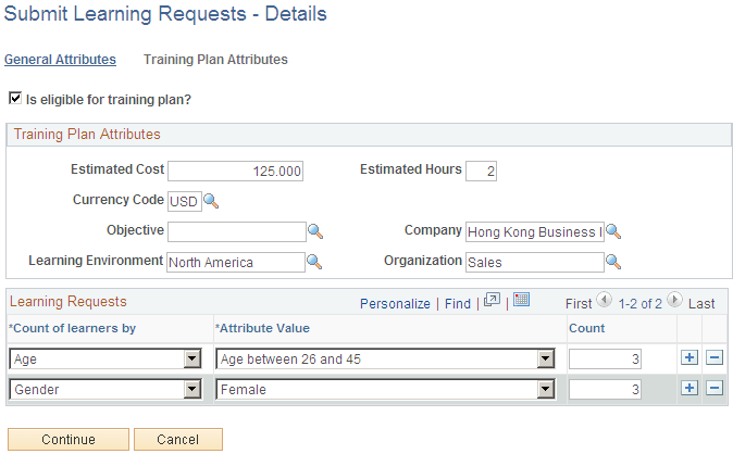 Submit Learning Requests - Details: Training Plan Attributes page