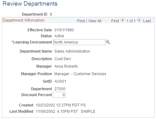 Review Departments page