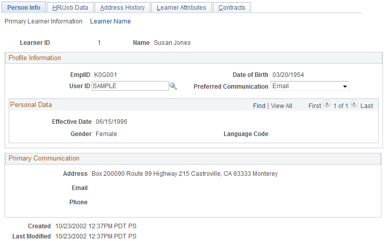 Person Info: Primary Learner Information page