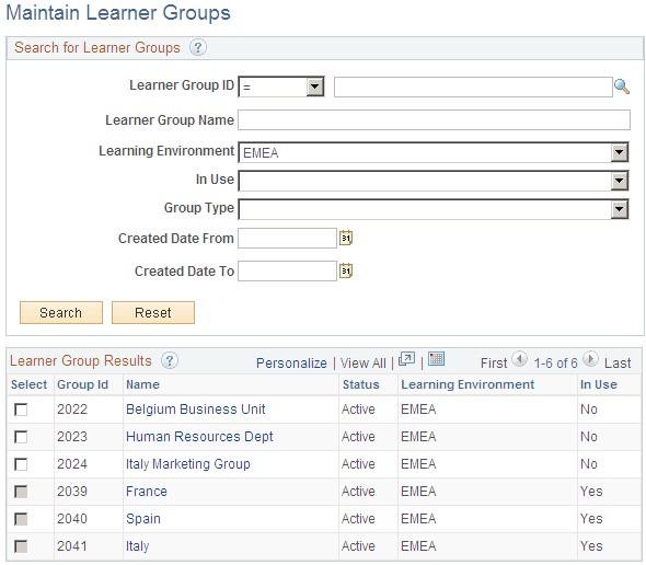 Maintain Learner Groups page