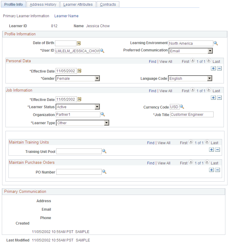 Profile Info: Primary Learner Information page