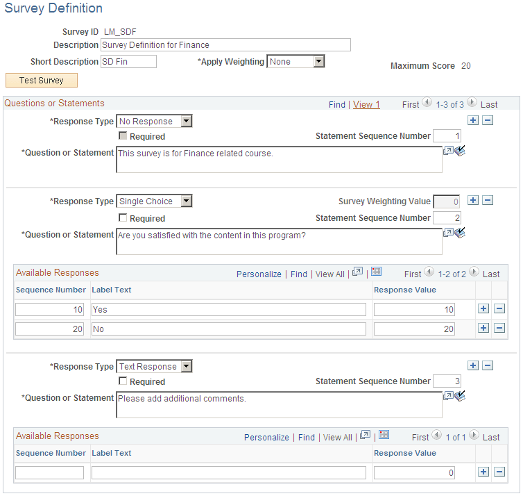 Survey Definition page