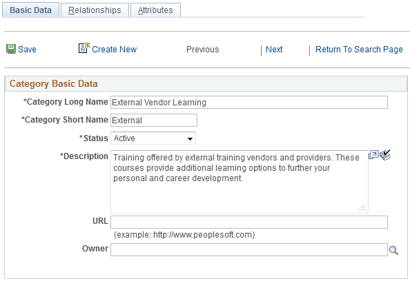 Maintain Categories - Basic Data page