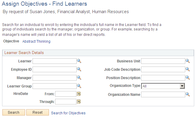 Assign Objectives - Find Learners page
