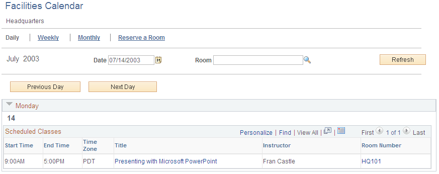 Facilities Calendar: Daily page