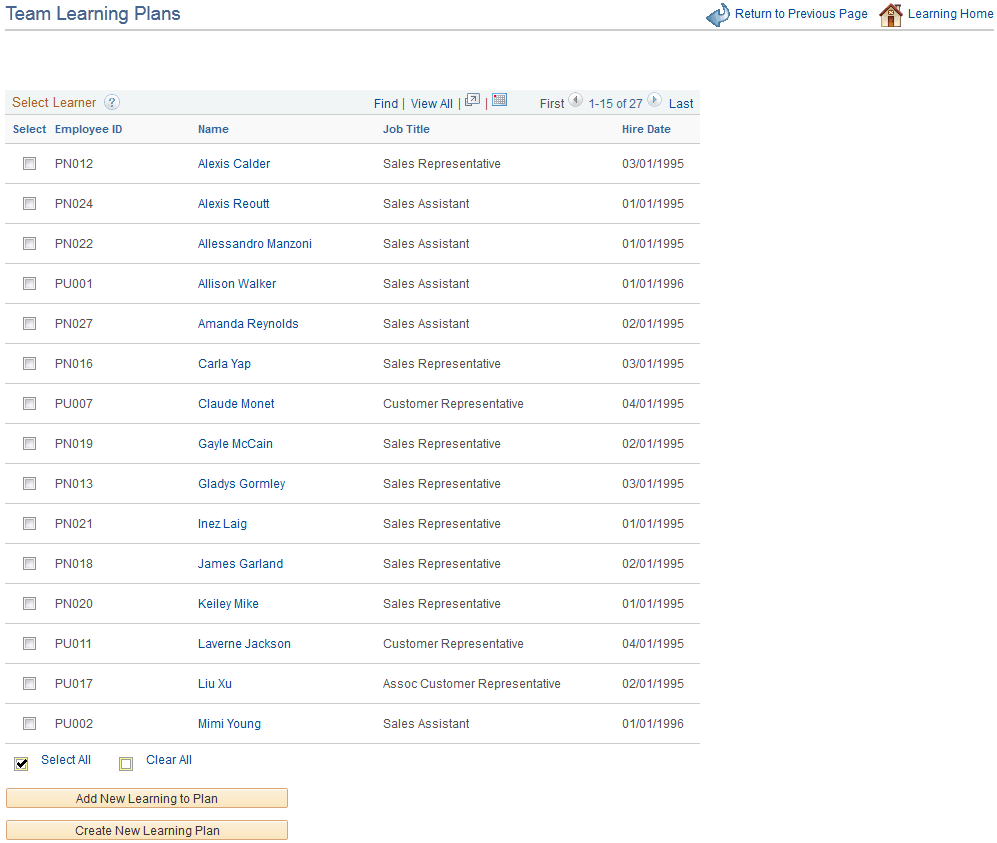 Team Learning Plans page