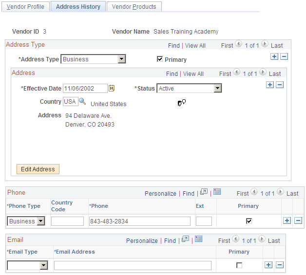 Vendors - Address History page