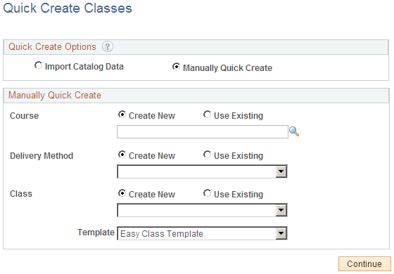 Quick Create Classes page with Manually Quick Create Selected