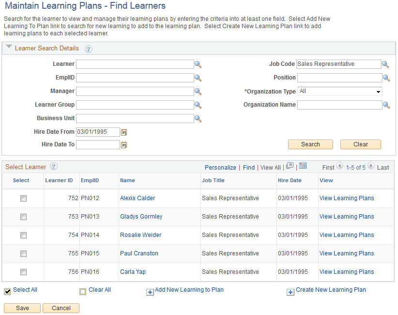 Maintain Learning Plans page