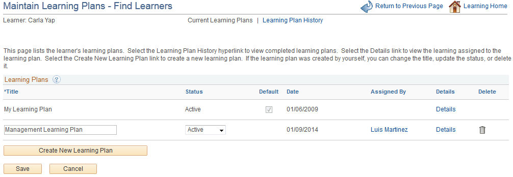 Maintain Learning Plans - Current Learning Plans page
