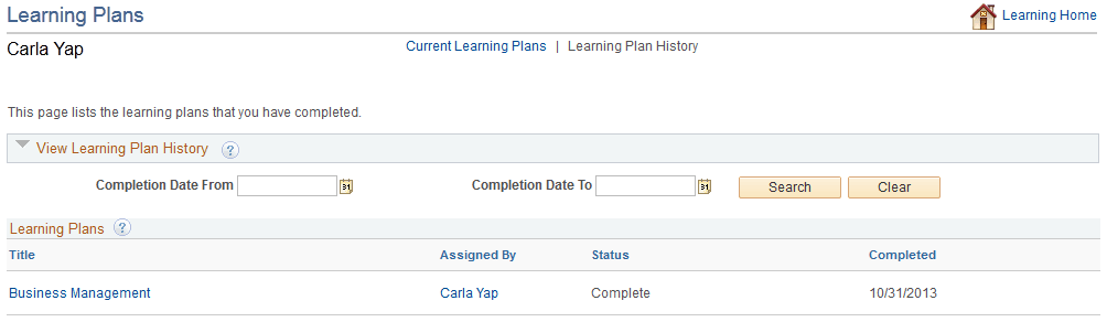 Learning Plans - Learning Plan History page