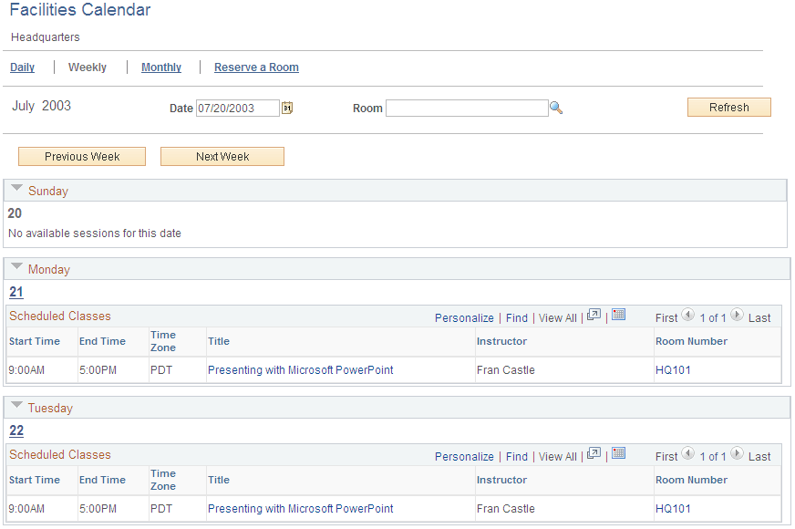 Facilities Calendar: Weekly page (1 of 2)