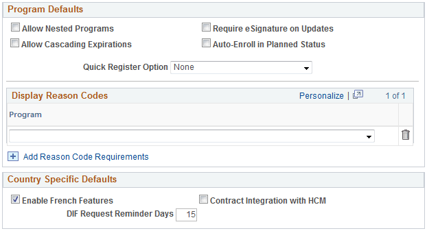 Learning Environments - Defaults page (3 of 3)