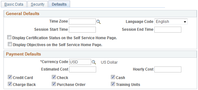 Learning Environments - Defaults page (1 of 3)