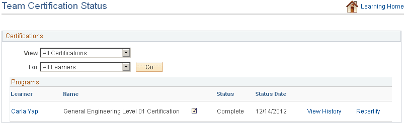 Team Certification Status page