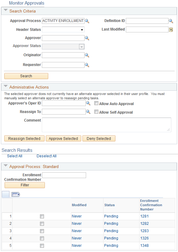 Monitor Approvals page
