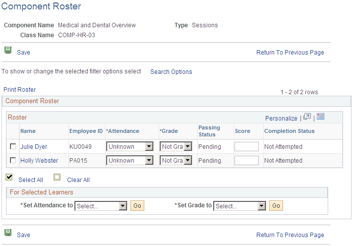 Component Roster page