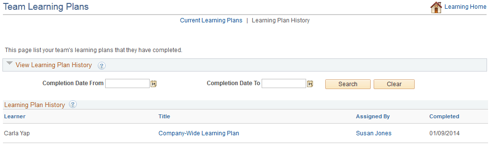 Team Learning Plans - Learning Plan History page