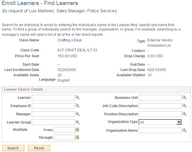 Enroll Learners - Find Learners page