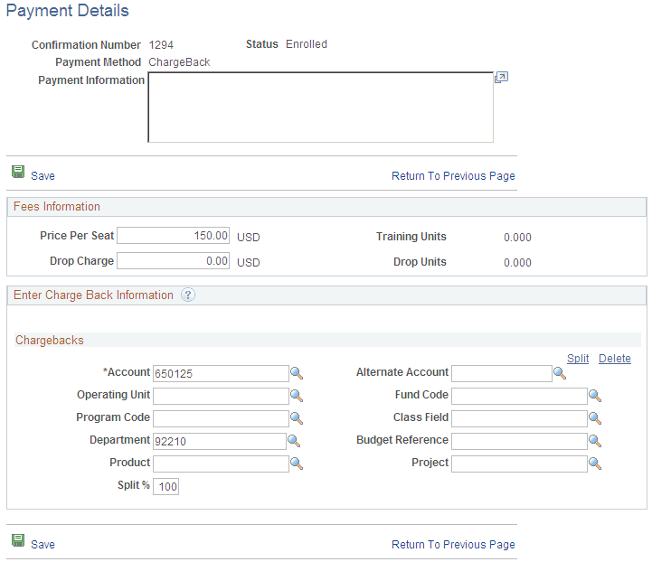 Enrollment Details - Payment Details page