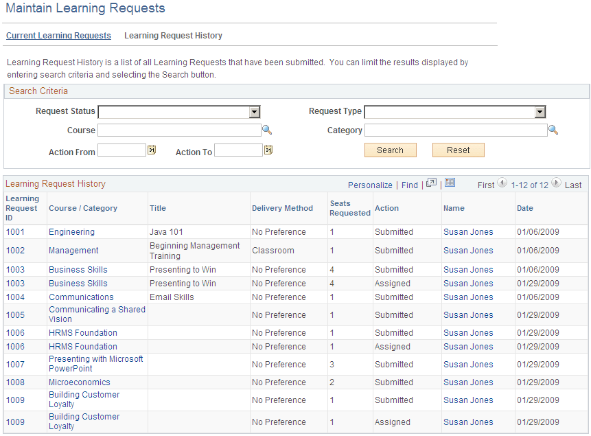 Maintain Learning Requests - Learning Request History page