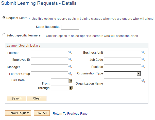 Submit Learning Requests - Details (seats) page