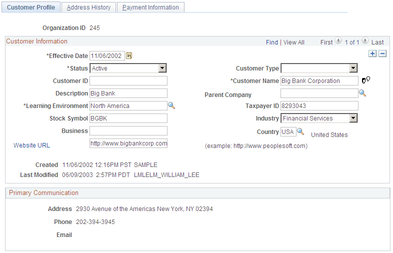 Customer Profile page