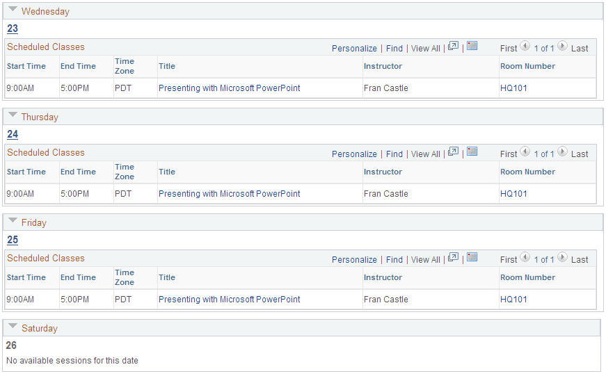 Facilities Calendar: Weekly page (2 of 2)