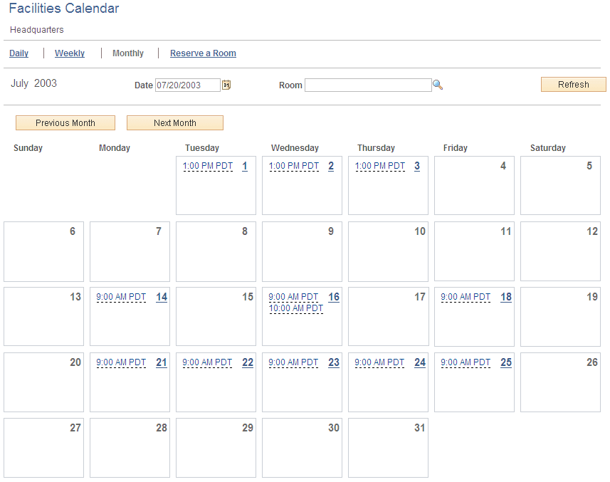 Facilities Calendar: Monthly page