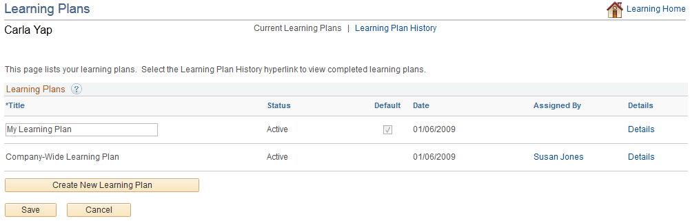 Learning Plans - Current Learning Plans page