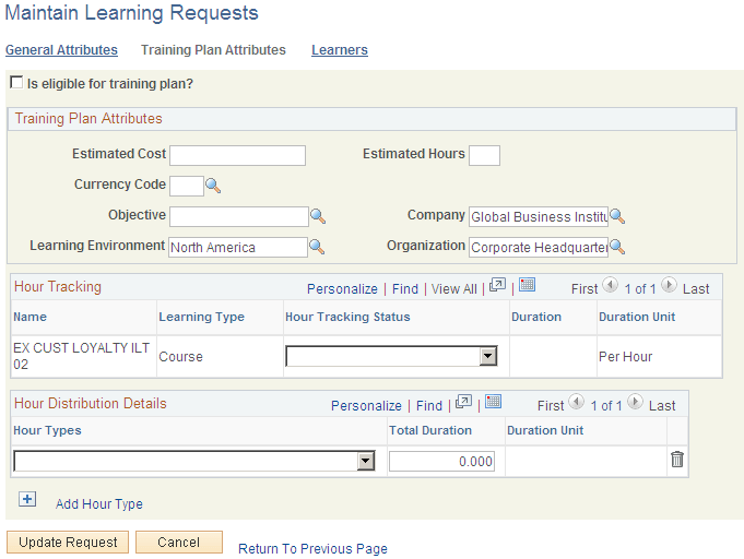 Maintain Learning Requests: Training Plan Attributes page
